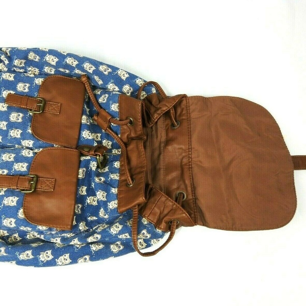 OWL Print Canvas Backpack Faux Leather Trim - Picture 8 of 8